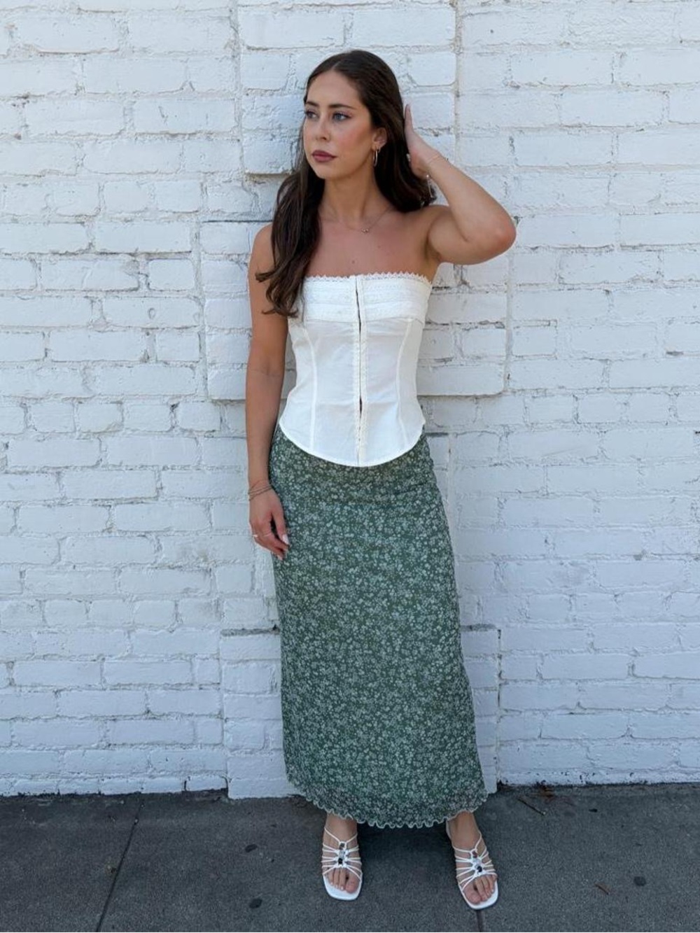 Urban Outfitters green floral maxi skirt with lace trim sz S #summer #boho #euro